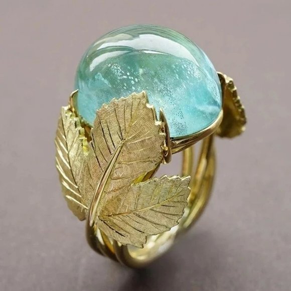 Delicate Gold Metal Leaves Blue Resin Maple Leaf Ring - Picture 1 of 9